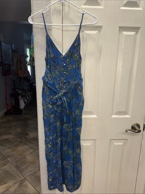 Free People Blue Floral Tie-Waist Spaghetti Strap Jumpsuit